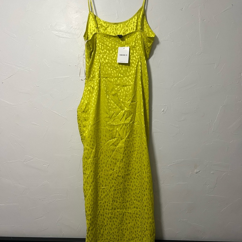 Neon Green Satin Midi Dress Leopard Print - Picture 3 of 5